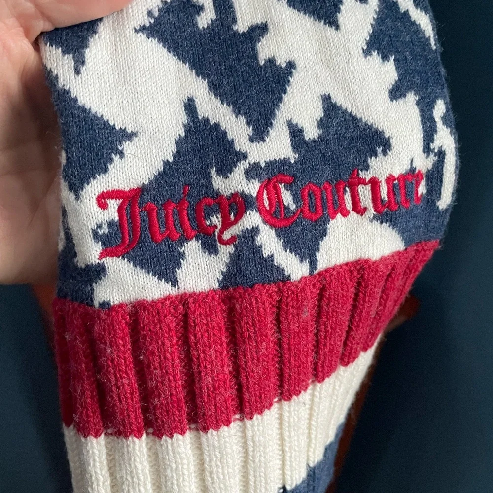 Juicy Couture Wool Cotton Winter Scarf Red White Blue Dog Pattern 8 x 71
